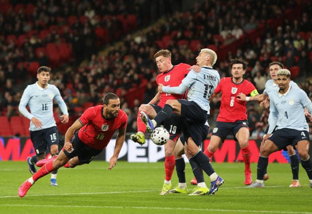 England v Uruguay, London, UK - 27 Mar 2026 Dominic Calvert-Lewin of England heads at goal during the International Friendly, Länderspiel, Nationalmannschaft Match between England and Uruguay at Wembley Stadium, London on 27 March 2026. ( London Wembley Stadium Brent England Copyright: xJoshxSmith PPAUKx PPA-260101