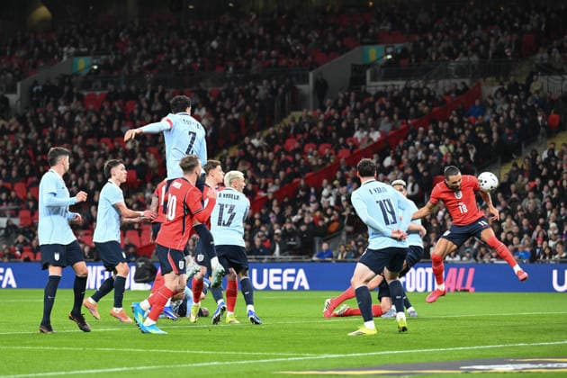 Dominic Calvert-Lewis of England heads and goes close during the International Friendly, Länderspiel, Nationalmannschaft match between England and Uruguay at Wembley Stadium, London, England on 27 March 2026. Copyright: xPhilxHutchinsonx 44760030