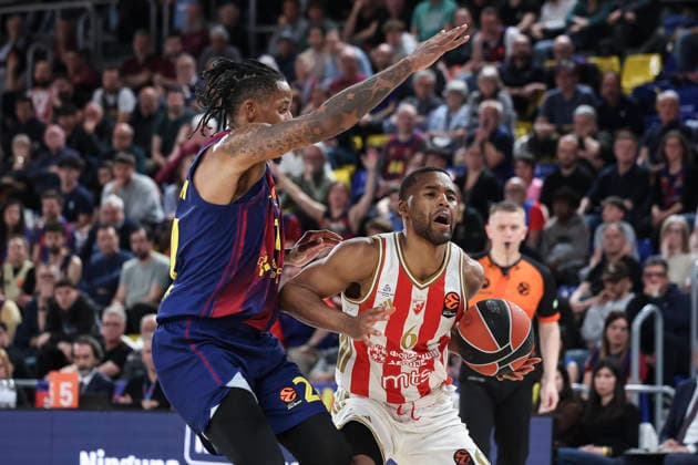 March 27, 2026, Barcelona, Barcelona, Spain: Jared Butler of Crvena Zvezda Meridianbet Belgrade and Will Clyburn of FC Barcelona, Barca in action during the EuroLeague Regular Season Round 34 match played between FC Barcelona and Crvena Zvezda Meridianbet Belgrade at Palau Blaugrana on March 27, 2026 in Barcelona, Spain. Barcelona Spain - ZUMAa181 20260327_zaa_a181_186 Copyright: xJavierxBorregox