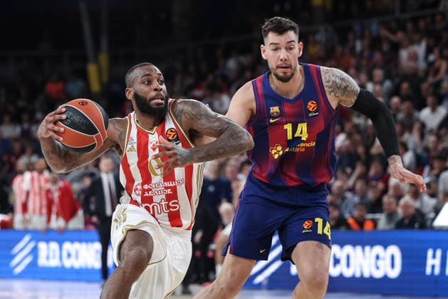 March 27, 2026, Barcelona, Barcelona, Spain: Codi Miller-McIntyre of Crvena Zvezda Meridianbet Belgrade and Willy Hernangomez of FC Barcelona, Barca in action during the EuroLeague Regular Season Round 34 match played between FC Barcelona and Crvena Zvezda Meridianbet Belgrade at Palau Blaugrana on March 27, 2026 in Barcelona, Spain. Barcelona Spain - ZUMAa181 20260327_zaa_a181_190 Copyright: xJavierxBorregox