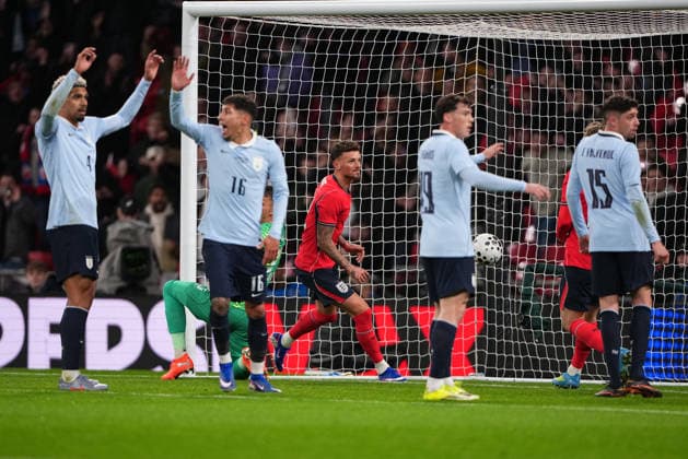 Ben White (Arsenal) of England after scoring the opening goal during the International Friendly, Länderspiel, Nationalmannschaft match between England and Uruguay at Wembley Stadium, London, England on 27 March 2026.  Copyright: xAndyxRowlandx PMI-7198-0067