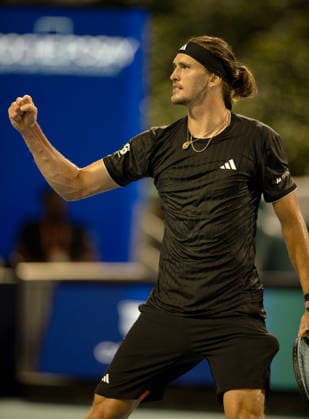 March 27, 2026, Miami Gardens, Fl, United States: MIAMI GARDENS, FL - MARCH 27: Alexander Zverev celebrates after winning a point against Jannik Sinner in the semi-finals during the Miami Open at Hard Rock Stadium on March 27, 2026 in Miami Gardens, Florida. Miami Open  - ZUMAt139 20260327_aaa_t139_037 Copyright: xMichaelxPimentel IsixPhotosx