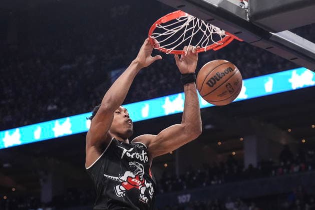 March 27, 2026, Toronto, On, CAN: Toronto Raptors Scottie Barnes (4) scores against New Orleans Pelicans during first half NBA, Basketball Herren, USA basketball action in Toronto on Friday March 27 2026. Scottie Barnes  - ZUMAc35_ 20260327_zaf_c35_165 Copyright: xChrisxYoungx