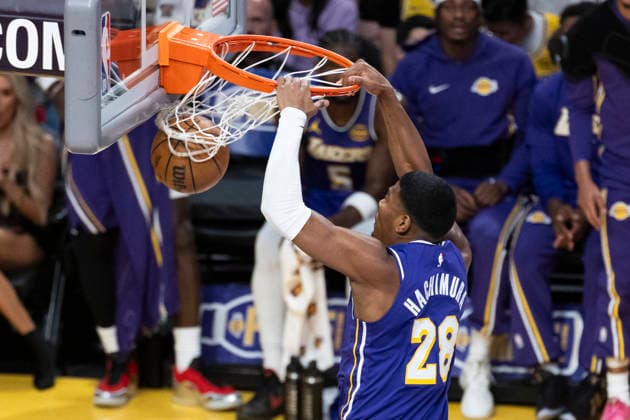 March 27, 2026, Los Angeles, California, USA: Los Angeles LakersÃ¢â‚¬â ¢ Rui Hachimura (28) dunks against the Brooklyn Nets during an NBA, Basketball Herren, USA basketball game at Crypto.com Arena on Friday, March 27, 2026 in Los Angeles. NBA 2026: Nets Vs Lakers  - ZUMAc68_ 20260327_zaf_c68_014 Copyright: xRingoxChiux