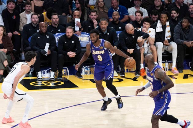 March 27, 2026, Los Angeles, California, USA: Los Angeles LakersÃ¢â‚¬â ¢ Bronny James (9) dribbles against the Brooklyn Nets during an NBA, Basketball Herren, USA basketball game at Crypto.com Arena on Friday, March 27, 2026 in Los Angeles. NBA 2026: Nets Vs Lakers  - ZUMAc68_ 20260327_zaf_c68_028 Copyright: xRingoxChiux