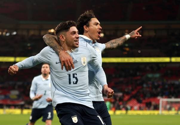 LONDON, ENGLAND, MARCH 27: GOAL 1-1, Federico Valverde of Uruguay national team, Nationalteam goal celebration with Darwin Nunez of Uruguay National Team after scoring a penalty kick to make the score 1-1 during the match between England and Uruguay in the International Friendly, Länderspiel, Nationalmannschaft match at Wembley Stadium in London, England, on March 27. (Photo by Daniel Weir) Copyright: xDanielxWeir SportsxPressxPhotox Sportspressphoto_SPR119651