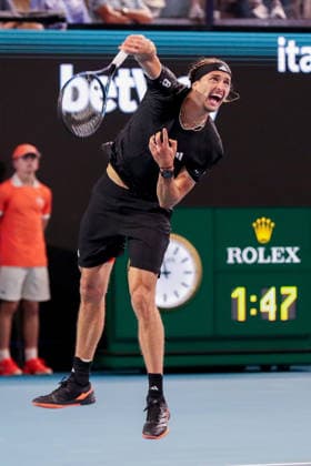 MIAMI GARDENS, FL - MARCH 27: Alexander Zverev (GER) in action during a men™s semi-final singles match against Jannik Sinner (ITA) at the Miami Open on March 27, 2026, at Hard Rock Stadium in Miami Gardens, Florida,(Photo by Chris Arjoon Icon Sportswire) TENNIS: MAR 27 Miami Open EDITORIAL USE ONLY Icon2603270010125