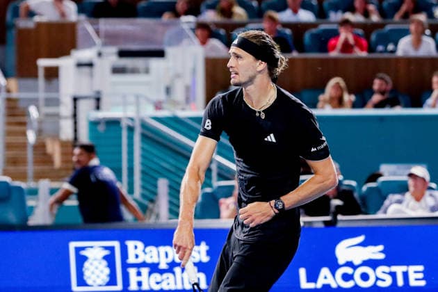 MIAMI GARDENS, FL - MARCH 27: Alexander Zverev (GER) in action during a men™s semi-final singles match against Jannik Sinner (ITA) at the Miami Open on March 27, 2026, at Hard Rock Stadium in Miami Gardens, Florida,(Photo by Chris Arjoon Icon Sportswire) TENNIS: MAR 27 Miami Open EDITORIAL USE ONLY Icon2603270010129