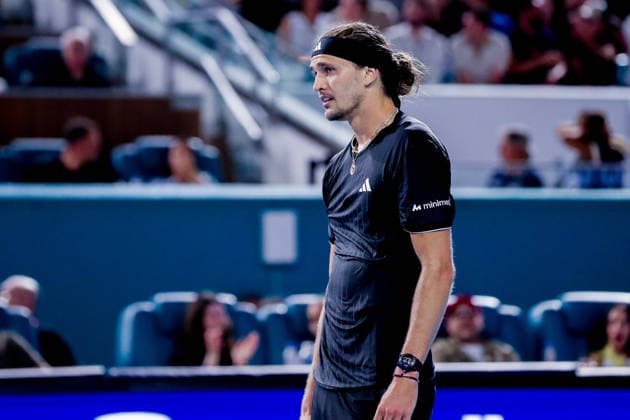 MIAMI GARDENS, FL - MARCH 27: Alexander Zverev (GER) looks on during a men™s semi-final singles match against Jannik Sinner (ITA) at the Miami Open on March 27, 2026, at Hard Rock Stadium in Miami Gardens, Florida,(Photo by Chris Arjoon Icon Sportswire) TENNIS: MAR 27 Miami Open EDITORIAL USE ONLY Icon2603270010131