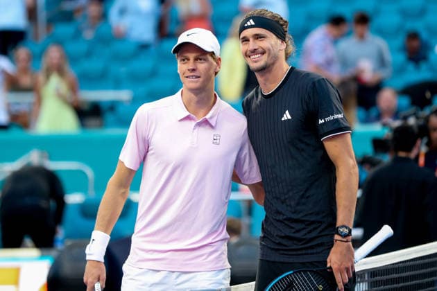 MIAMI GARDENS, FL - MARCH 27: Jannik Sinner (ITA) (L) and Alexander Zverev (GER) (R) pose for a photograph prior to their men™s semi-final singles at the Miami Open on March 27, 2026, at Hard Rock Stadium in Miami Gardens, Florida,(Photo by Chris Arjoon Icon Sportswire) TENNIS: MAR 27 Miami Open EDITORIAL USE ONLY Icon2603270010100