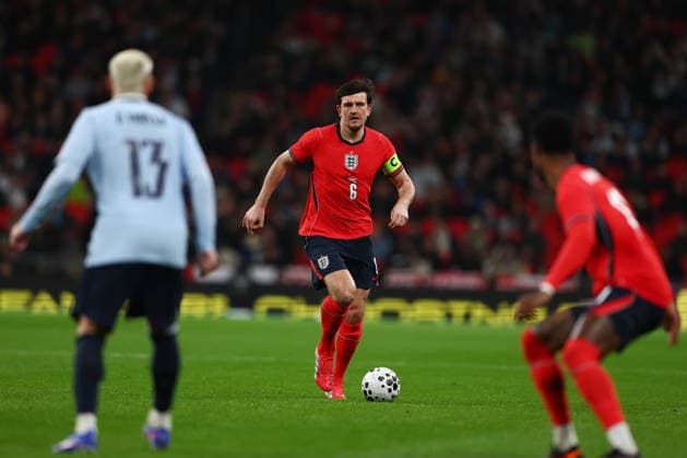 27th March 2026; Wembley Stadium, London, England; Friendly International Football, England versus Uruguay; Harry Maguire of England under pressure from JPxFletcher