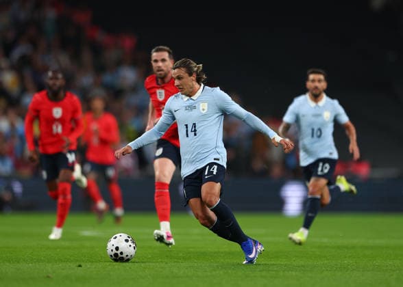 27th March 2026; Wembley Stadium, London, England; Friendly International Football, England versus Uruguay; Agustin Canobbio of Uruguay on the ball JPxFletcher