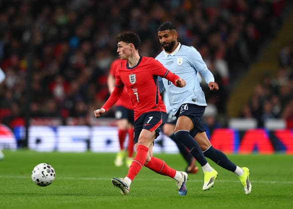 27th March 2026; Wembley Stadium, London, England; Friendly International Football, England versus Uruguay; Phil Foden of England passes the ball JPxFletcher