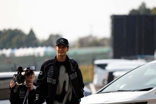 28th March 2026; Suzuka Circuit, Suzuka, Japan; 2026 FIA Formula 1 Japanese Grand Prix; Free Practice Three; George Russell (63) of Mercedes-AMG PETRONAS Formula One Team and Great Britain arriving to the paddock StephenxBlackberry