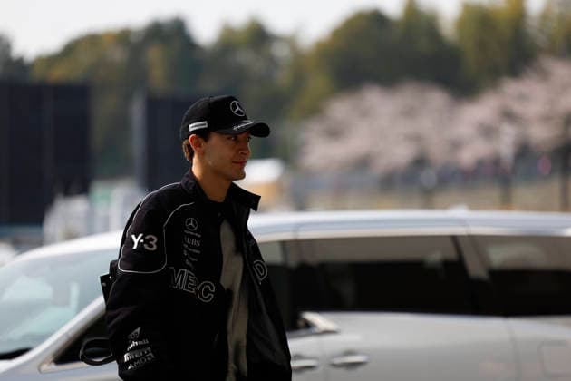 28th March 2026; Suzuka Circuit, Suzuka, Japan; 2026 FIA Formula 1 Japanese Grand Prix; Free Practice Three; George Russell (63) of Mercedes-AMG PETRONAS Formula One Team and Great Britain arriving to the paddock StephenxBlackberry
