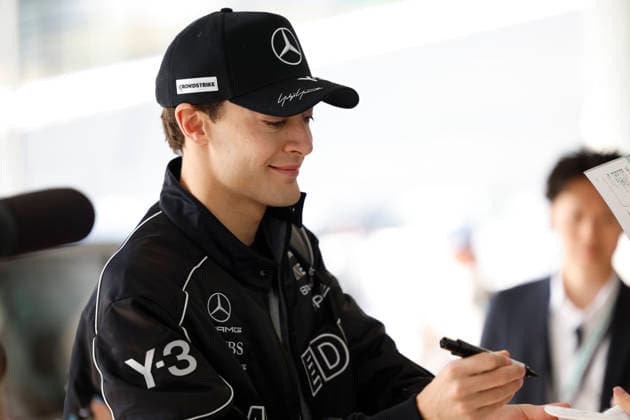 28th March 2026; Suzuka Circuit, Suzuka, Japan; 2026 FIA Formula 1 Japanese Grand Prix; Free Practice Three; George Russell (63) of Mercedes-AMG PETRONAS Formula One Team and Great Britain arriving to the paddock StephenxBlackberry