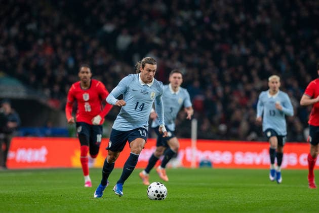 England v Uruguay - International Friendly, Länderspiel, Nationalmannschaft Agustin Canobbio of Uruguay in action during the international friendly match between England and Uruguay at Wembley Stadium in London, England, on March 27, 2026, ahead of the 2026 FIFA World Cup, WM, Weltmeisterschaft, Fussball London United Kingdom  Copyright: xMartinxSilvaxCosentinox originalFilename:silvacosentino-agustinc260327_npqiT.jpg