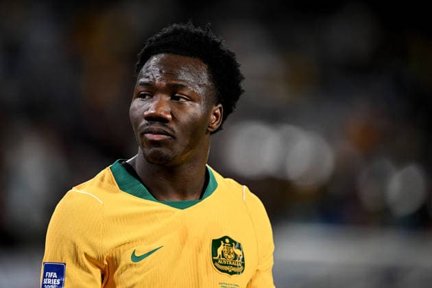 SOCCER AUSTRALIA CAMEROON, Nestory Irankunda of Australia reacts during the FIFA Series 2026 match between Australia and Cameroon at Accor Stadium in Sydney, Friday, March 27, 2026. ( NO ARCHIVING, EDITORIAL USE ONLY SYDNEY NEW SOUTH WALES AUSTRALIA  Copyright: xDANxHIMBRECHTSx 20260327122970878834