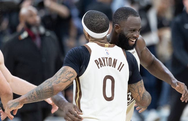 (260328) -- SAN FRANCISCO, March 28, 2026 -- Gary Payton II (L) and Draymond Green of Golden State Warriors celebrate during the 2025-2026 NBA, Basketball Herren, USA regular season basketball game between Washington Wizards and Golden State Warriors in San Francisco, the United States, March 27, 2026. (Photo by Arthur Dong Xinhua) (SP)U.S.-SAN FRANCISCO-BASKETBALL-NBA-WIZARDS VS WARRIORS WuxXiaoling 