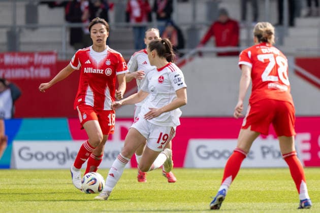 Momoko Tanikawa 18 (FC Bayern Muenchen) im Zweikampf mit Sanja Homann 19 (1. FC Nuernberg), FC Bayern Frauen Muenchen - 1. FC Nuernberg, Google Pixel Frauenbundesliga, 22. Spieltag, 28.03.26 DFB regulations prohibit any use of photographs as image sequences and or quasi-video. (kolbert-press) Muenchen Bayern Deutschland
