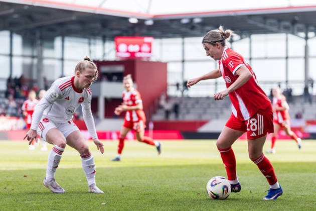 Google Pixel Frauen-Bundesliga, FC Bayern München - 1. FC Nürnberg; 28.03.2026 Zweikampf Franziska Mai (1. FC Nürnberg, 18), Barbara Dunst (FC Bayern München, 28) Google Pixel Frauen-Bundesliga, FC Bayern München - 1. FC Nürnberg, München, FC Bayern Campus am 28.03.2026 DFB REGULATIONS PROHIBIT ANY USE OF PHOTOGRAPHS AS IMAGE SEQUENCES AND OR QUASI-VIDEO. Copyright: xBEAUTIFULxSPORTS Wunderlx