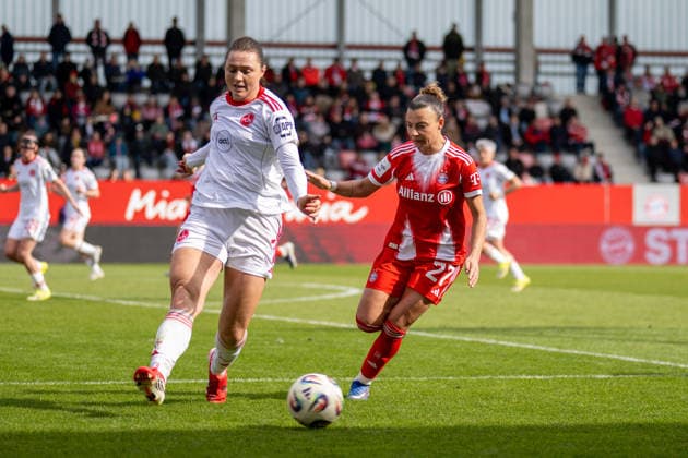Leia Varley 7 (1. FC Nuernberg) im Zweikampf mit Arianna Caruso 27 (FC Bayern Muenchen), FC Bayern Frauen Muenchen - 1. FC Nuernberg, Google Pixel Frauenbundesliga, 22. Spieltag, 28.03.26 DFB regulations prohibit any use of photographs as image sequences and or quasi-video. (kolbert-press) Muenchen Bayern Deutschland