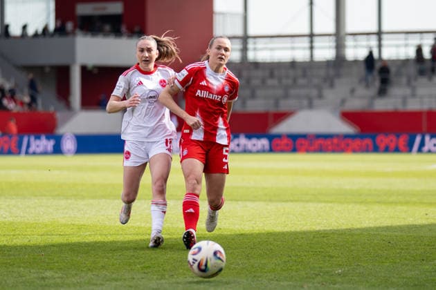 Lara Meroni 11 (1. FC Nuernberg) im Zweikampf mit Magdalena Eriksson 5 (FC Bayern Muenchen), FC Bayern Frauen Muenchen - 1. FC Nuernberg, Google Pixel Frauenbundesliga, 22. Spieltag, 28.03.26 DFB regulations prohibit any use of photographs as image sequences and or quasi-video. (kolbert-press) Muenchen Bayern Deutschland