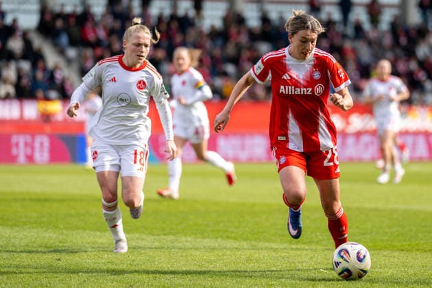 Franziska Mai 18 (1. FC Nuernberg), Barbara Dunst 28 (FC Bayern Muenchen), FC Bayern Frauen Muenchen - 1. FC Nuernberg, Google Pixel Frauenbundesliga, 22. Spieltag, 28.03.26 DFB regulations prohibit any use of photographs as image sequences and or quasi-video. (kolbert-press) Muenchen Bayern Deutschland