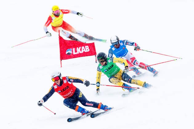 Sport Bilder des Tages SKI CROSS - FIS SX WC Gaellivare GAELLIVARE,SWEDEN,28.MAR.26 - SKI CROSS - FIS World Cup, ladies, men. Image shows David Mobaerg (SWE), Kilian Himmelsbach (GER), Evan Klufts (FRA), Ryan Regez (SUI).  GEPAxpictures xMaticxKlansek