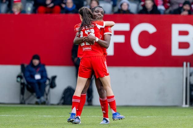Edna Imade (FC Bayern Muenchen Frauen, 29) bejubelt mit Natalia Padilla Bidas (FC Bayern Muenchen Frauen, 23) deren Tor zum 2:0 GER, FC Bayern Muenchen Frauen vs. 1. FC Nuernberg, Fussball, Google Pixel Frauen-Bundesliga, 22. Spieltag, Saison 2025 2026, 28.03.2026. (DFL DFB REGULATIONS PROHIBIT ANY USE OF PHOTOGRAPHS as IMAGE SEQUENCES and or QUASI-VIDEO). GER, FC Bayern Muenchen Frauen vs. 1. FC Nuernberg, Fussball, Google Pixel Frauen-Bundesliga, 22. Spieltag, Saison 2025 2026, 28.03.2026. Muenchen Copyright: xEibner-Pressefoto HeikexFeinerx EP_HFR