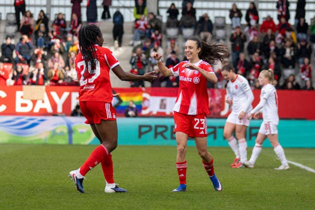 Torjubel zum 2:0, Natalia Padilla Bidas 23 (FC Bayern Muenchen), Edna Imade 29 (FC Bayern Muenchen), gluecklich, FC Bayern Frauen Muenchen - 1. FC Nuernberg, Google Pixel Frauenbundesliga, 22. Spieltag, 28.03.26 DFB regulations prohibit any use of photographs as image sequences and or quasi-video. (kolbert-press) Muenchen Bayern Deutschland