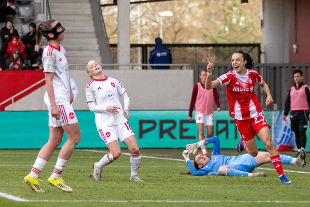 Torjubel zum 2:0, Natalia Padilla Bidas 23 (FC Bayern Muenchen), enttaeuscht Franziska Mai 18 (1. FC Nuernberg), FC Bayern Frauen Muenchen - 1. FC Nuernberg, Google Pixel Frauenbundesliga, 22. Spieltag, 28.03.26 DFB regulations prohibit any use of photographs as image sequences and or quasi-video. (kolbert-press) Muenchen Bayern Deutschland