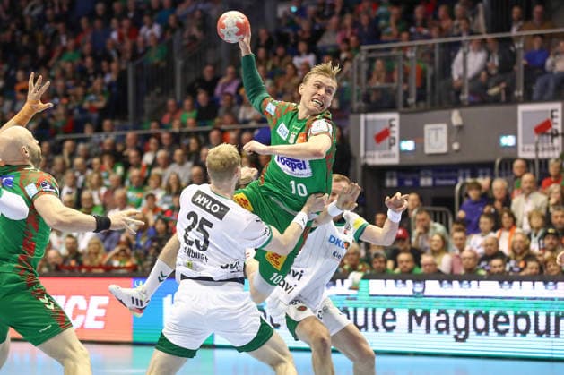 28.03.2026, xtgx, Handball, Daikin HBL, SC Magdeburg - Füchse Berlin v.l. Gisli Thorgeir Kristjansson (Magdeburg, 10) wirft Tor, Torschuetze, erzielt Tor, Treffer, scores the goal Magdeburg