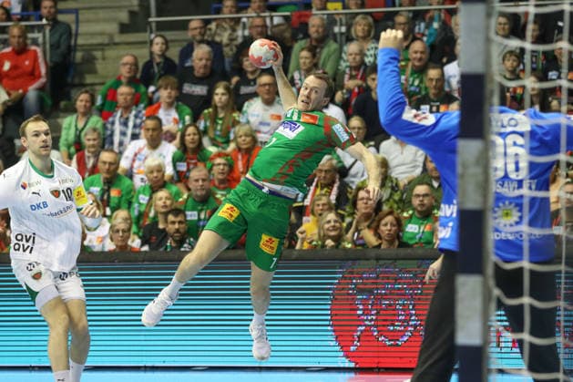 28.03.2026, xtgx, Handball, Daikin HBL, SC Magdeburg - Füchse Berlin v.l. Felix Claar (Magdeburg, 7) wirft Tor, Torschuetze, erzielt Tor, Treffer, scores the goal Magdeburg
