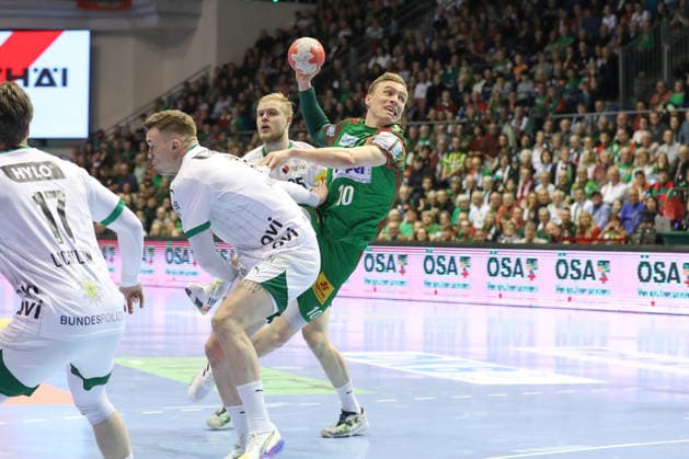 28.03.2026, xtgx, Handball, Daikin HBL, SC Magdeburg - Füchse Berlin v.l. Gisli Thorgeir Kristjansson (Magdeburg, 10) wirft Tor, Torschuetze, erzielt Tor, Treffer, scores the goal Magdeburg