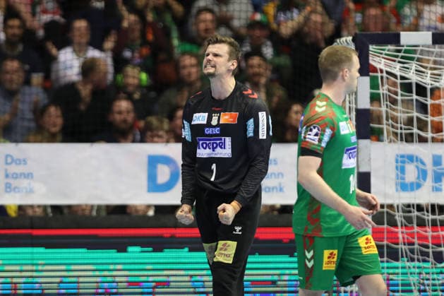 28.03.2026, xtgx, Handball, Daikin HBL, SC Magdeburg - Füchse Berlin v.l. Sergey Hernandez Ferrer (Magdeburg, 1) Jubelt ueber gehaltenen Ball, abgewehrt, gehalten, Torhueter Magdeburg