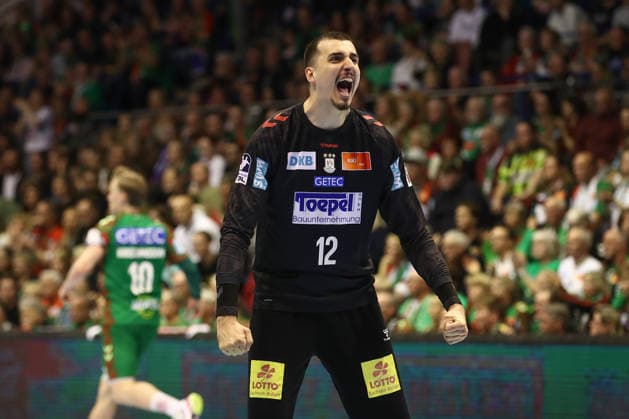 28.03.2026, xtgx, Handball, Daikin HBL, SC Magdeburg - Füchse Berlin v.l. Matej Mandic (Magdeburg, 12) Jubelt ueber gehaltenen Ball, abgewehrt, gehalten, Torhueter Magdeburg