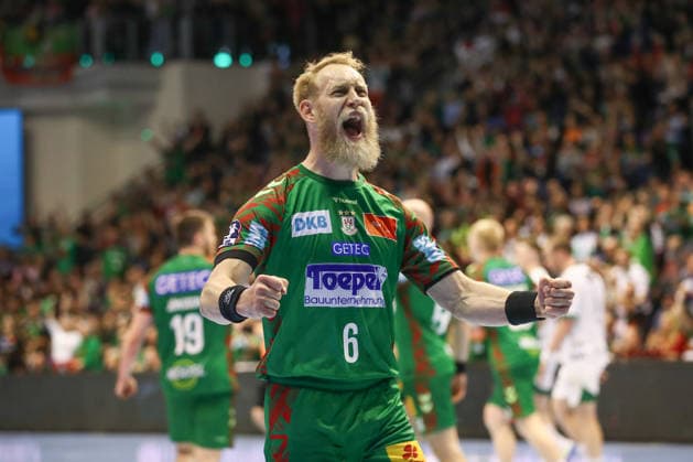 28.03.2026, xtgx, Handball, Daikin HBL, SC Magdeburg - Füchse Berlin v.l. Matthias Musche (Magdeburg, 6) Jubel, Torjubel, jubelt ueber das Tor, celebrate the goal, celebration Magdeburg