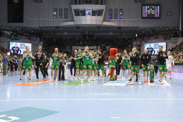 28.03.2026, xtgx, Handball, Daikin HBL, SC Magdeburg - Füchse Berlin v.l. Magdeburg Jubel ueber den Sieg, Jubel nach Spielende Magdeburg