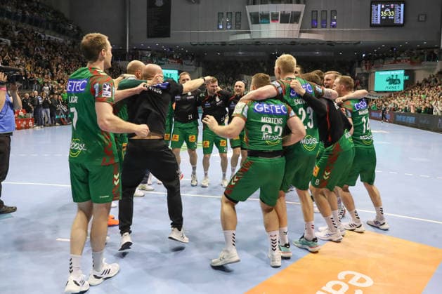 28.03.2026, xtgx, Handball, Daikin HBL, SC Magdeburg - Füchse Berlin v.l. Magdeburg Jubel ueber den Sieg, Jubel nach Spielende Magdeburg