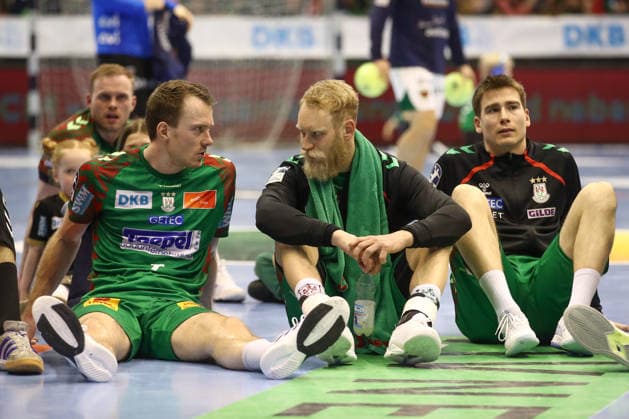 28.03.2026, xtgx, Handball, Daikin HBL, SC Magdeburg - Füchse Berlin v.l. Felix Claar (Magdeburg, 7), Matthias Musche (Magdeburg, 6), Manuel Zehnder (Magdeburg, 8) Magdeburg
