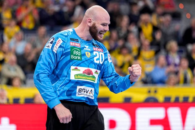 Mike Jensen (Torwart, RNL, 20), Einzelbild, Einzelfoto, Aktion, Action, Jubel, jubeln, jubelt, celebration, Freude, freuen, freut sich, zuversichtlich, optimistisch, positiv, Spielszene, 28.03.2026, Mannheim (Deutschland), Handball, Bundesliga, Rhein-Neckar Löwen - HSG Wetzlar