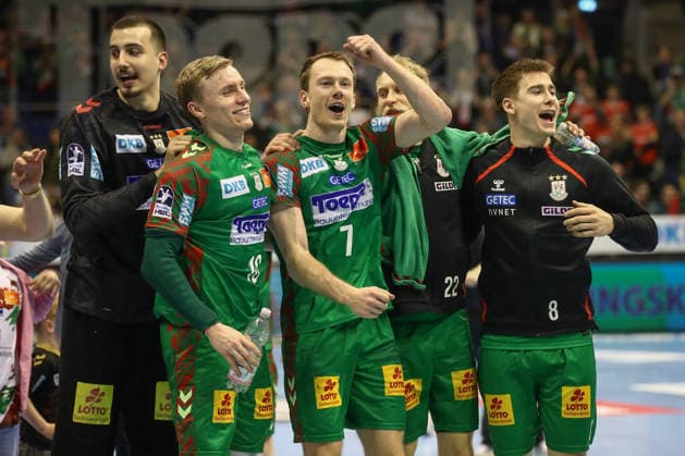 28.03.2026, xtgx, Handball, Daikin HBL, SC Magdeburg - Füchse Berlin v.l. Matej Mandic (Magdeburg, 12), Gisli Thorgeir Kristjansson (Magdeburg, 10), Felix Claar (Magdeburg, 7), Matthias Musche (Magdeburg, 6), Manuel Zehnder (Magdeburg, 8) Jubel ueber den Sieg, Jubel nach Spielende Magdeburg