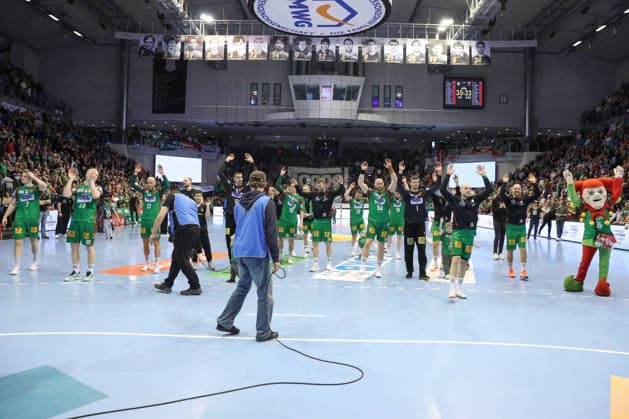 28.03.2026, xtgx, Handball, Daikin HBL, SC Magdeburg - Füchse Berlin v.l. Mageburg Jubel ueber den Sieg, Jubel nach Spielende Magdeburg