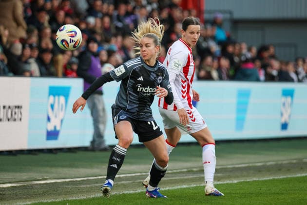 Köln, Deutschland: 28. März 2026 - 1. Frauen Bundesliga - 22. Spieltag - 1. FC Köln Frauen vs. Eintracht Frankfurt Frauen Im Bild: v.li. Nadine Riesen (SGE) und Sara Agrez (FC Köln) Copyright: HMBxMedia MadeleinexFantini