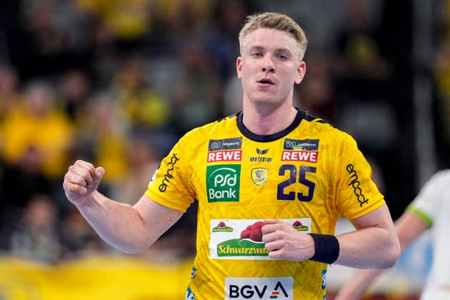 Torschütze Haukur Thrastarson (RNL, 25), Spieler der Rhein-Neckar-Löwen, jubelt über ein Tor, Jubel, jubeln, Torjubel, Torerfolg, celebrate the goal, goal, celebration, jubelt ueber das Tor, Freuen, Freude, freut sich, optimistisch, positiv, Spielszene, Highlight, Einzelbild, Einzelfoto, Aktion, Action, 28.03.2026, Mannheim (Deutschland), Handball, Bundesliga, Rhein-Neckar Löwen - HSG Wetzlar