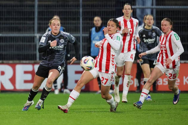 28.03.2026, xgrfx, Fussball Google Pixel Frauen-Bundesliga, 1.FC Köln - Eintracht Frankfurt v.l. Lisanne Gräwe (Eintracht Frankfurt), Laura Feiersinger (1.FC Köln) (DFL DFB REGULATIONS PROHIBIT ANY USE OF PHOTOGRAPHS as IMAGE SEQUENCES and or QUASI-VIDEO) Köln