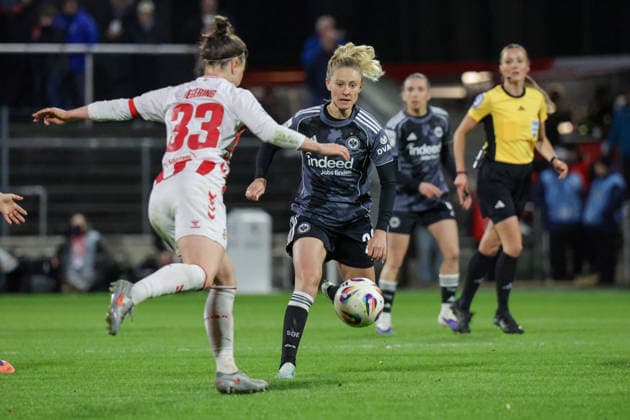 28.03.2026, xgrfx, Fussball Google Pixel Frauen-Bundesliga, 1.FC Köln - Eintracht Frankfurt v.l. Marina Hegering (1.FC Köln), Rebecka Blomqvist (Eintracht Frankfurt) (DFL DFB REGULATIONS PROHIBIT ANY USE OF PHOTOGRAPHS as IMAGE SEQUENCES and or QUASI-VIDEO) Köln