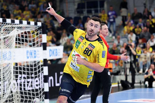 Punktgewinn durch Torwurf Jannik Kohlbacher (Rhein Neckar Loewen, 80) GER, Rhein Neckar Loewen gegen HWG Wetzlar, Handball, 1.Bundesliga, 26.Spieltag Spielzeit 2025 2026, 28.03.2026 GER, Rhein Neckar Loewen vs. HWG Wetzlar, 1.Bundesliga, 26.Spieltag, Spielzeit 2025 2026, 28.03.2026 Mannheim Copyright: xEibner-Pressefoto JoergxHirschx EP_JHH