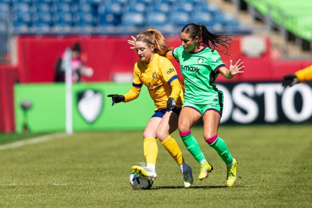 March 28, 2026; Foxborough, Massachusetts, USA; Boston Legacy FC midfielder Barbara Olivieri (21) and Utah Royals FC forward Alexa Spaanstra (30) fight for the ball in a National WomenÃ¢â‚¬â ¢s Soccer League game at Gillette Stadium. (c) CSM NWSL 2026: Royals Vs Legacy MAR 28  - ZUMAc04_ 20260328_zma_c04_075 Copyright: xBurtxGranofskyx